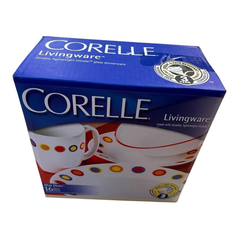 New Corelle Livingware Hot Dots 16-Piece Set 4 Dinner/Butter Plates Bowls Cups